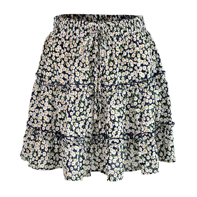 2026 Summer Floral Chiffon Skirts Women High Waisted Vintage Ruffles Printing Mini Skirt Casual Holiday Beach A-Line Skirts