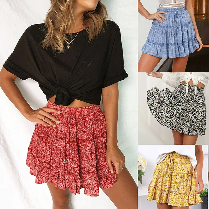 2026 Summer Floral Chiffon Skirts Women High Waisted Vintage Ruffles Printing Mini Skirt Casual Holiday Beach A-Line Skirts