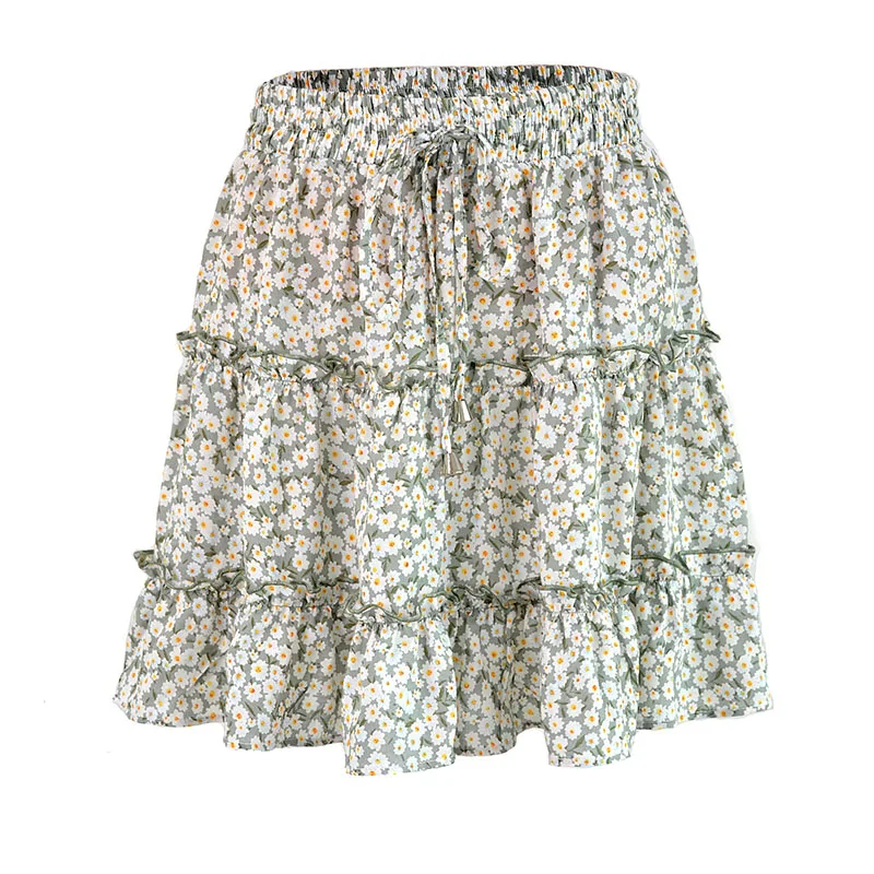 2026 Summer Floral Chiffon Skirts Women High Waisted Vintage Ruffles Printing Mini Skirt Casual Holiday Beach A-Line Skirts
