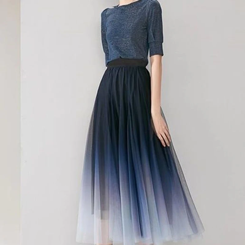 MEXZT Elegant Tulle Skirts Women High Waist Gradient Mesh Pleated Midi Skirt Korean Elastic Loose Casual All Match A Line Skirt