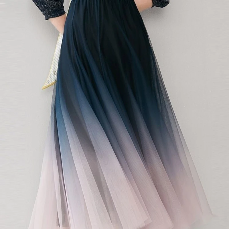 MEXZT Elegant Tulle Skirts Women High Waist Gradient Mesh Pleated Midi Skirt Korean Elastic Loose Casual All Match A Line Skirt