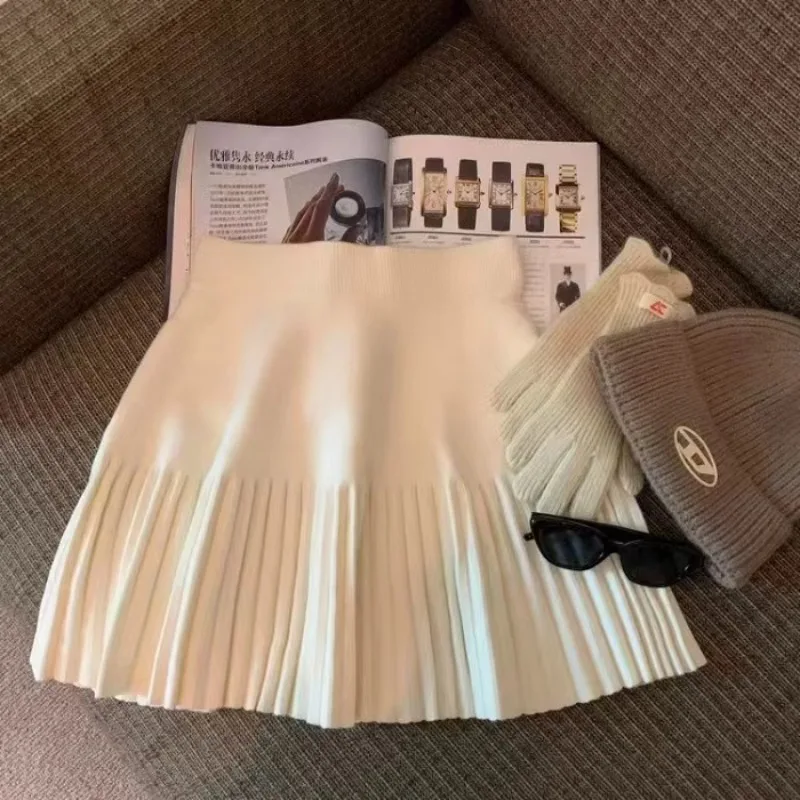 Pleated Mini Skirts Korean Sweet Knitted Skirts Sweet Elastic Waist Ladies Casual Youthful For Women's Clothes Solid Fashion New