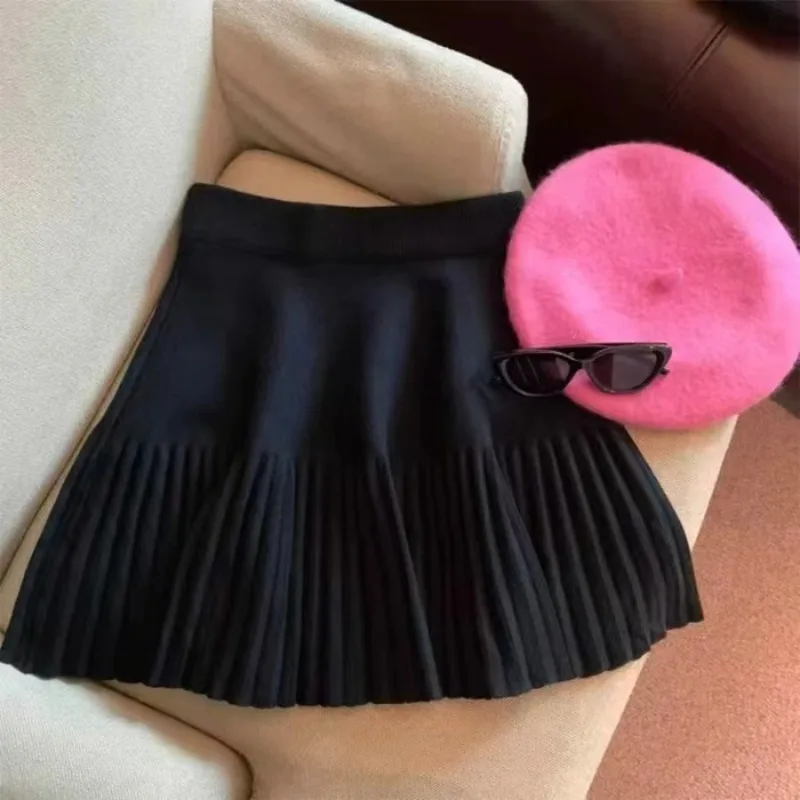 Pleated Mini Skirts Korean Sweet Knitted Skirts Sweet Elastic Waist Ladies Casual Youthful For Women's Clothes Solid Fashion New