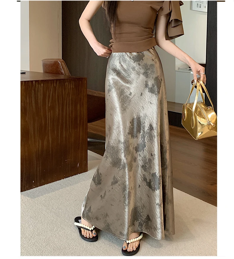 Tie-dye Satin Mermaid Skirt: High Waist Flowy Drape Bodycon Midaxi Skirts For Women Slimming & Hip Covering