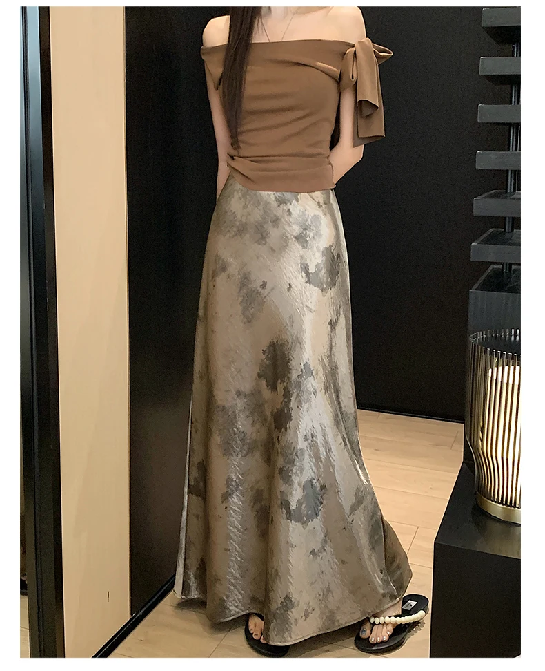 Tie-dye Satin Mermaid Skirt: High Waist Flowy Drape Bodycon Midaxi Skirts For Women Slimming & Hip Covering