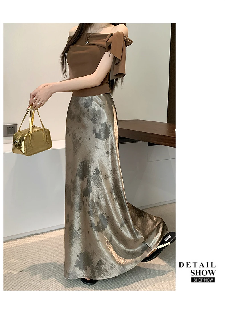 Tie-dye Satin Mermaid Skirt: High Waist Flowy Drape Bodycon Midaxi Skirts For Women Slimming & Hip Covering
