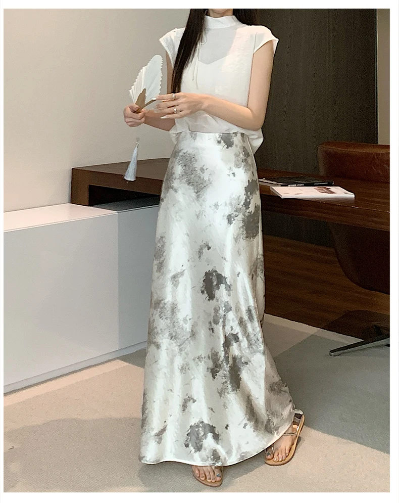 Tie-dye Satin Mermaid Skirt: High Waist Flowy Drape Bodycon Midaxi Skirts For Women Slimming & Hip Covering