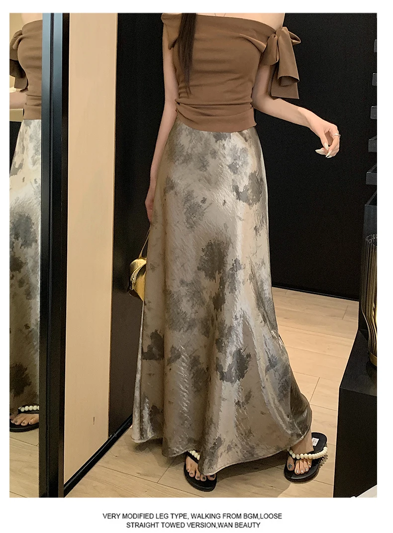 Tie-dye Satin Mermaid Skirt: High Waist Flowy Drape Bodycon Midaxi Skirts For Women Slimming & Hip Covering
