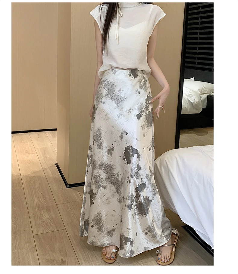 Tie-dye Satin Mermaid Skirt: High Waist Flowy Drape Bodycon Midaxi Skirts For Women Slimming & Hip Covering