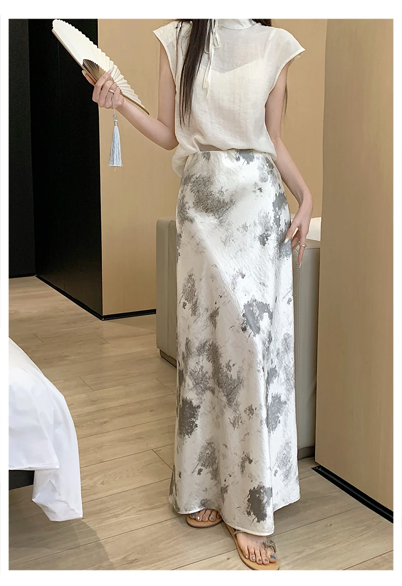 Tie-dye Satin Mermaid Skirt: High Waist Flowy Drape Bodycon Midaxi Skirts For Women Slimming & Hip Covering