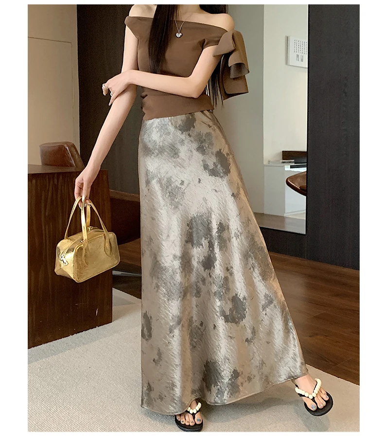 Tie-dye Satin Mermaid Skirt: High Waist Flowy Drape Bodycon Midaxi Skirts For Women Slimming & Hip Covering