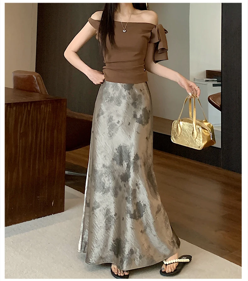 Tie-dye Satin Mermaid Skirt: High Waist Flowy Drape Bodycon Midaxi Skirts For Women Slimming & Hip Covering