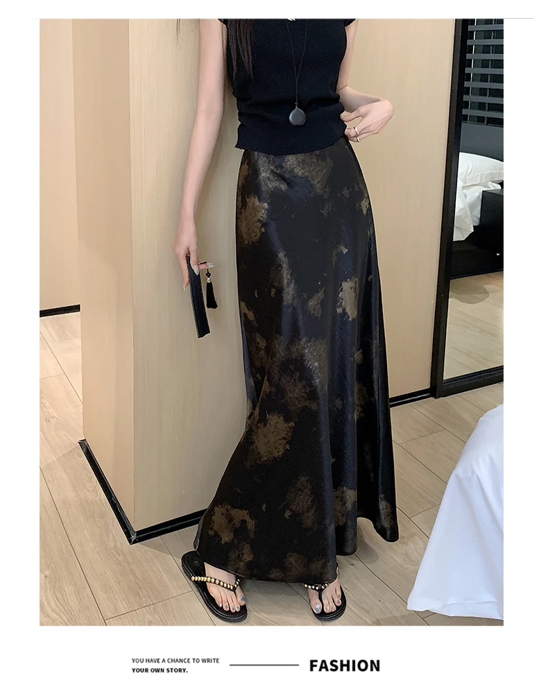 Tie-dye Satin Mermaid Skirt: High Waist Flowy Drape Bodycon Midaxi Skirts For Women Slimming & Hip Covering