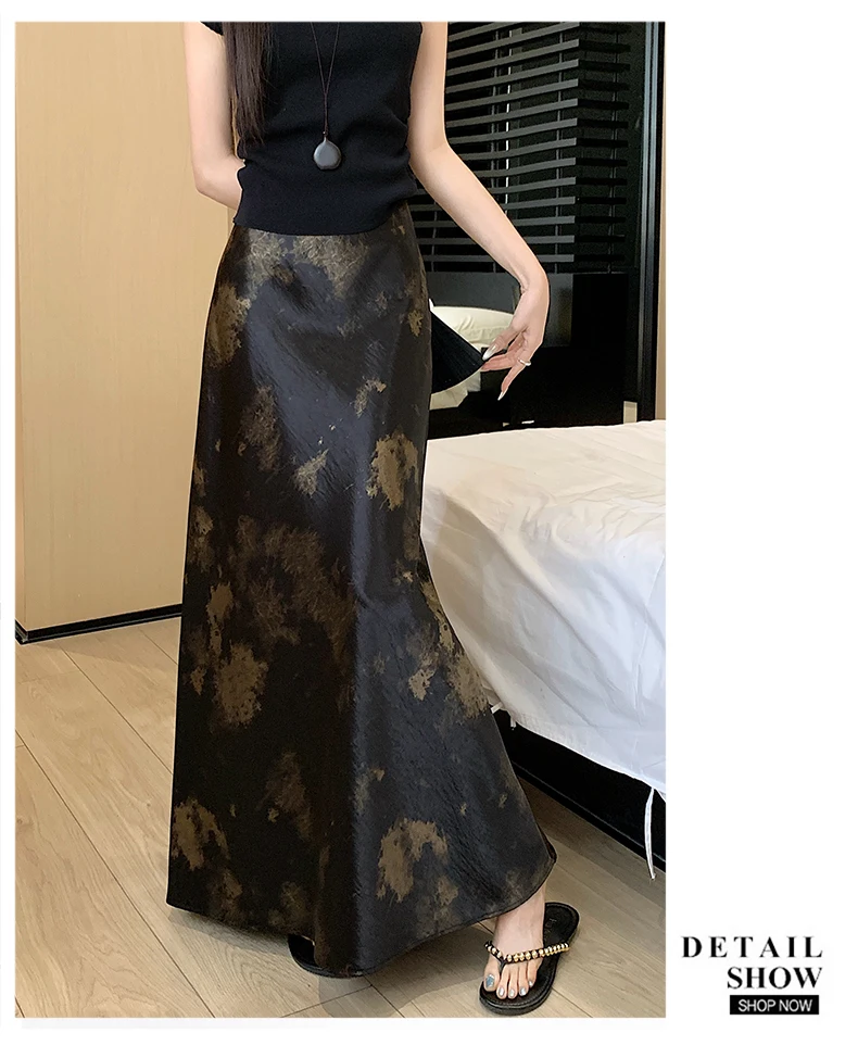 Tie-dye Satin Mermaid Skirt: High Waist Flowy Drape Bodycon Midaxi Skirts For Women Slimming & Hip Covering