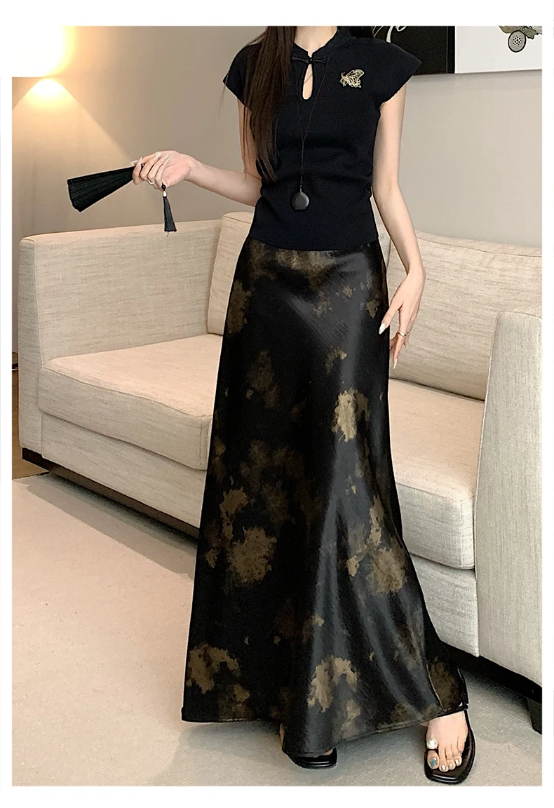 Tie-dye Satin Mermaid Skirt: High Waist Flowy Drape Bodycon Midaxi Skirts For Women Slimming & Hip Covering