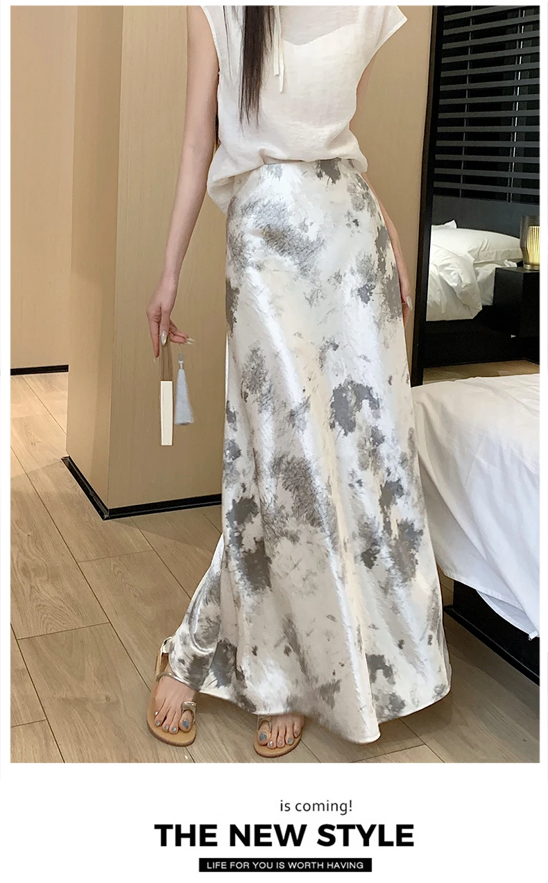 Tie-dye Satin Mermaid Skirt: High Waist Flowy Drape Bodycon Midaxi Skirts For Women Slimming & Hip Covering