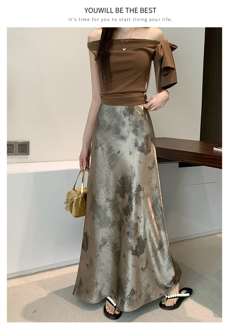 Tie-dye Satin Mermaid Skirt: High Waist Flowy Drape Bodycon Midaxi Skirts For Women Slimming & Hip Covering