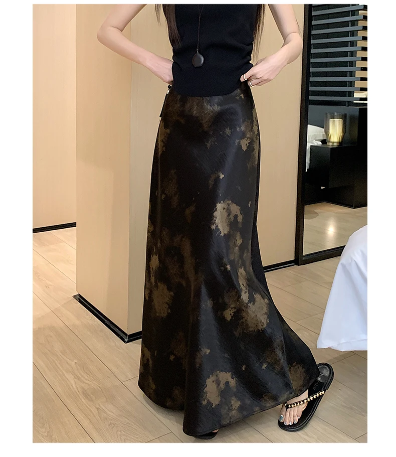 Tie-dye Satin Mermaid Skirt: High Waist Flowy Drape Bodycon Midaxi Skirts For Women Slimming & Hip Covering