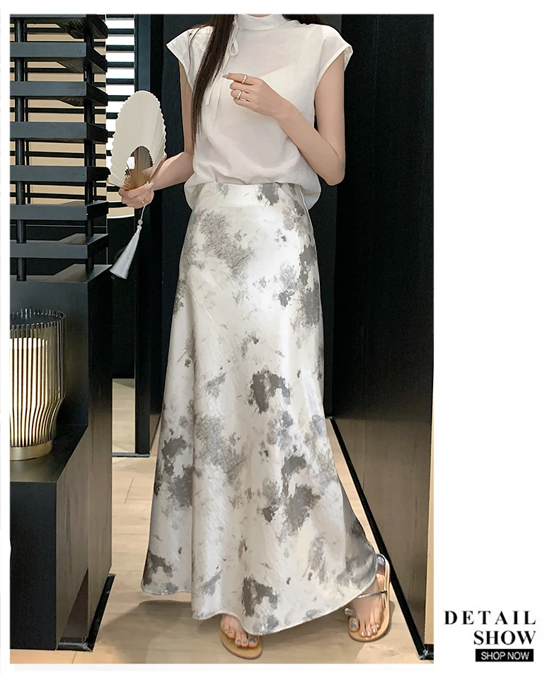 Tie-dye Satin Mermaid Skirt: High Waist Flowy Drape Bodycon Midaxi Skirts For Women Slimming & Hip Covering