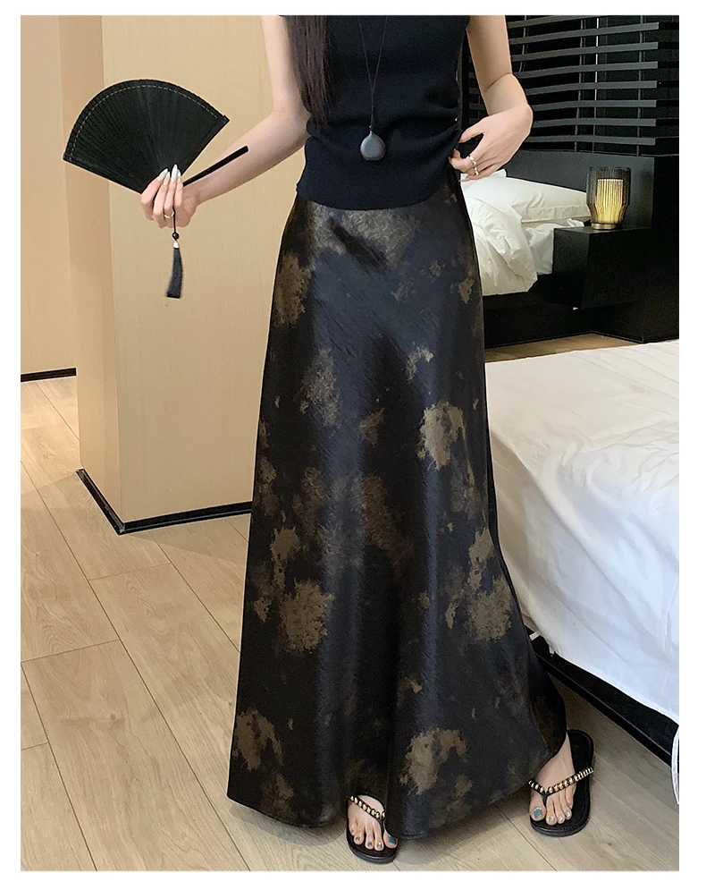 Tie-dye Satin Mermaid Skirt: High Waist Flowy Drape Bodycon Midaxi Skirts For Women Slimming & Hip Covering