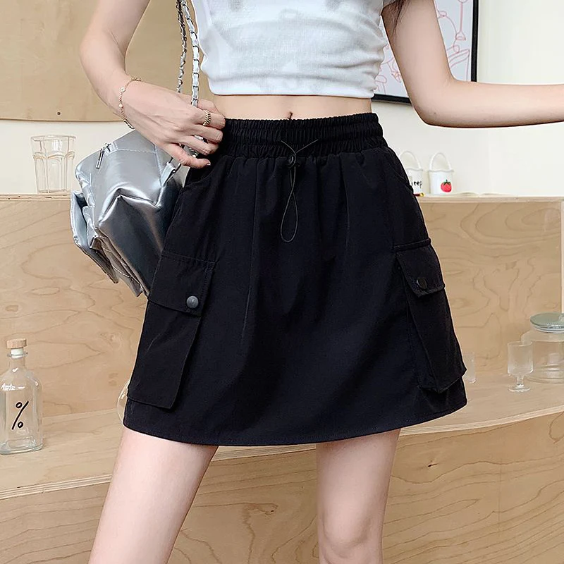 Summer Female Ins Korean Cargo Short Skirts Hot Sale Women Quick Drying Dress Girls Drawstring High Waist Thin Skirts