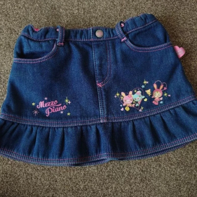 Japanese Sweet Cute Denim Skirts Cartoon Print Ruffles Patchwork Mini Skirt Y2k Aesthetics Punk Preppy Style Girl Women Clothing