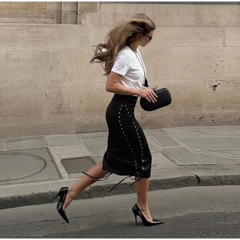 Women's Midi Skirt High Waist Side Lace‑Up Midi Skirt Bodycon Tie Adjust Hip Fitted Skirt City Date Going Out 2026 New For Women