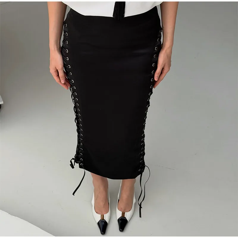 Women's Midi Skirt High Waist Side Lace‑Up Midi Skirt Bodycon Tie Adjust Hip Fitted Skirt City Date Going Out 2026 New For Women