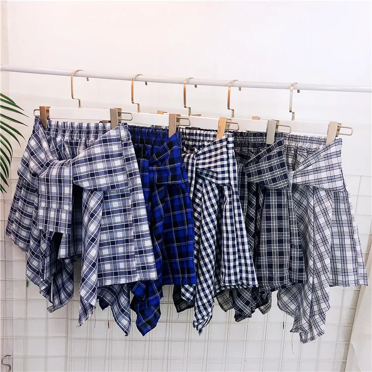 TOTRUST Fashion College Asymmetrical Skirt Women Summer Plaid Skirt Women Casual Students Fake Shirt Mini Skirt Female Saia