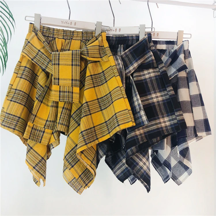 TOTRUST Fashion College Asymmetrical Skirt Women Summer Plaid Skirt Women Casual Students Fake Shirt Mini Skirt Female Saia