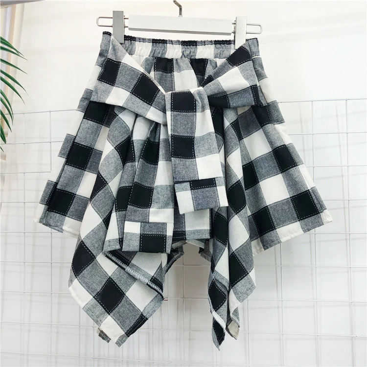 TOTRUST Fashion College Asymmetrical Skirt Women Summer Plaid Skirt Women Casual Students Fake Shirt Mini Skirt Female Saia