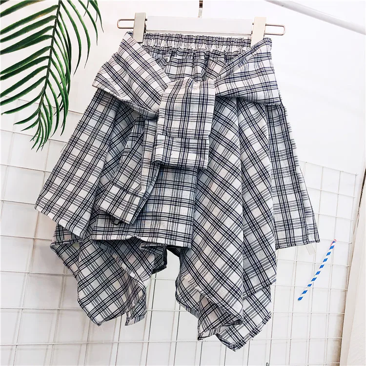 TOTRUST Fashion College Asymmetrical Skirt Women Summer Plaid Skirt Women Casual Students Fake Shirt Mini Skirt Female Saia