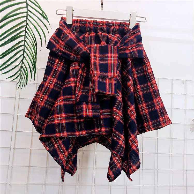 TOTRUST Fashion College Asymmetrical Skirt Women Summer Plaid Skirt Women Casual Students Fake Shirt Mini Skirt Female Saia