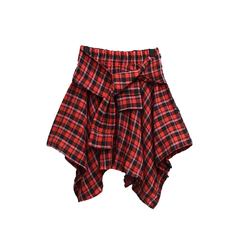 TOTRUST Fashion College Asymmetrical Skirt Women Summer Plaid Skirt Women Casual Students Fake Shirt Mini Skirt Female Saia