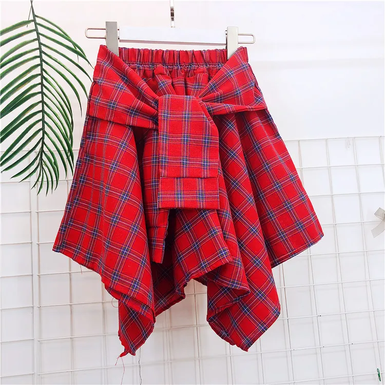 TOTRUST Fashion College Asymmetrical Skirt Women Summer Plaid Skirt Women Casual Students Fake Shirt Mini Skirt Female Saia