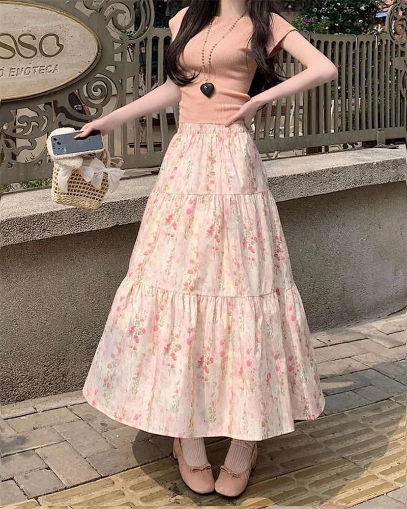 Zoki Cute Floral Long Skirts Women Elegant High Waist Retro Sweet Skirt Japan Casual Loose All Match Spring Summer Kawaii Skirt