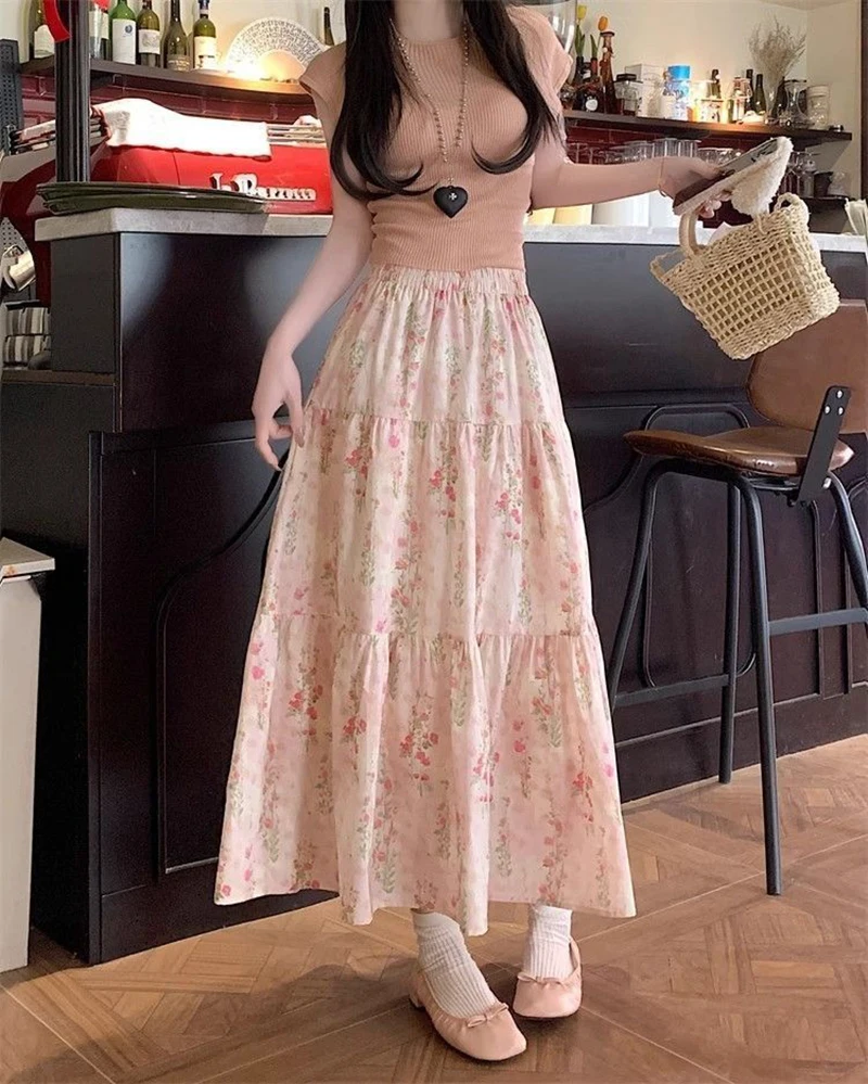 Zoki Cute Floral Long Skirts Women Elegant High Waist Retro Sweet Skirt Japan Casual Loose All Match Spring Summer Kawaii Skirt