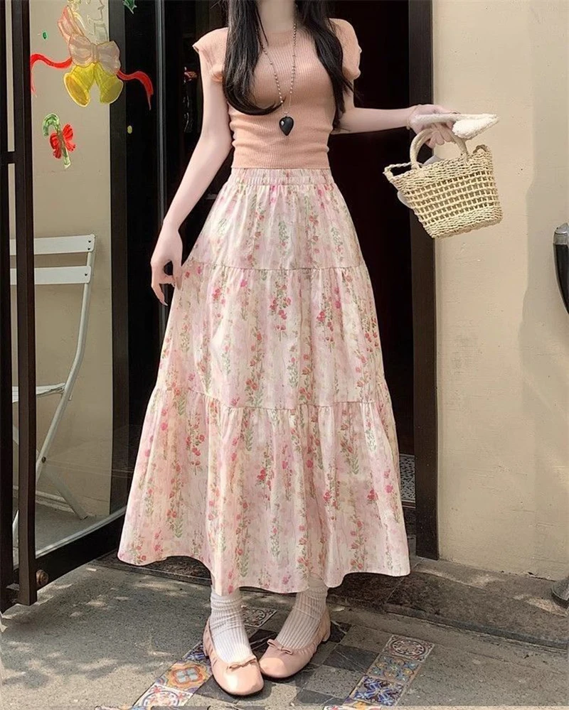 Zoki Cute Floral Long Skirts Women Elegant High Waist Retro Sweet Skirt Japan Casual Loose All Match Spring Summer Kawaii Skirt