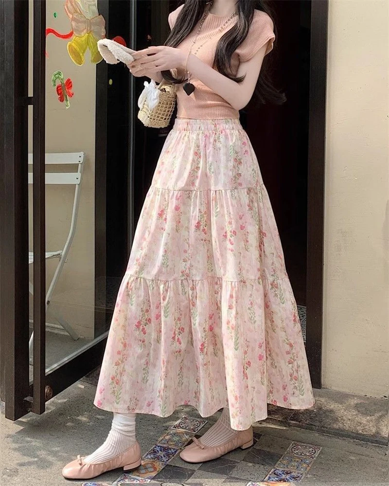 Zoki Cute Floral Long Skirts Women Elegant High Waist Retro Sweet Skirt Japan Casual Loose All Match Spring Summer Kawaii Skirt