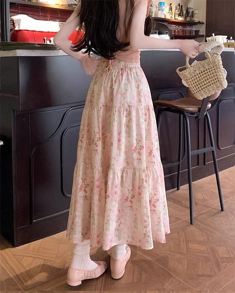 Zoki Cute Floral Long Skirts Women Elegant High Waist Retro Sweet Skirt Japan Casual Loose All Match Spring Summer Kawaii Skirt
