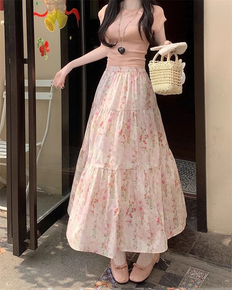 Zoki Cute Floral Long Skirts Women Elegant High Waist Retro Sweet Skirt Japan Casual Loose All Match Spring Summer Kawaii Skirt