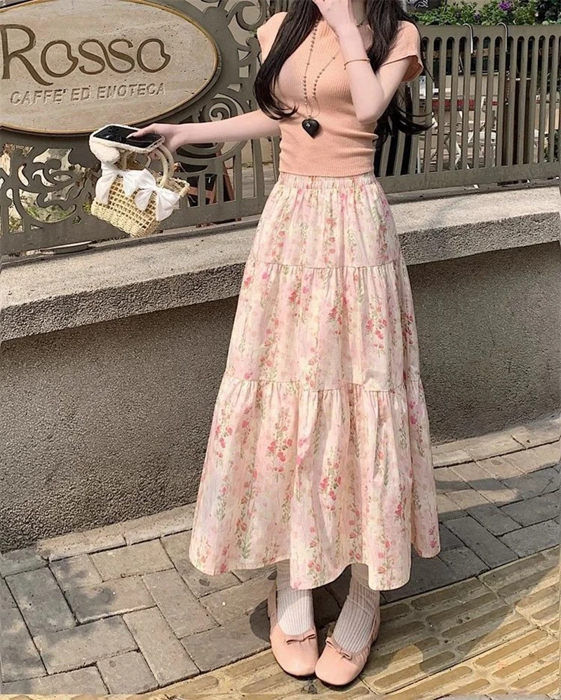 Zoki Cute Floral Long Skirts Women Elegant High Waist Retro Sweet Skirt Japan Casual Loose All Match Spring Summer Kawaii Skirt