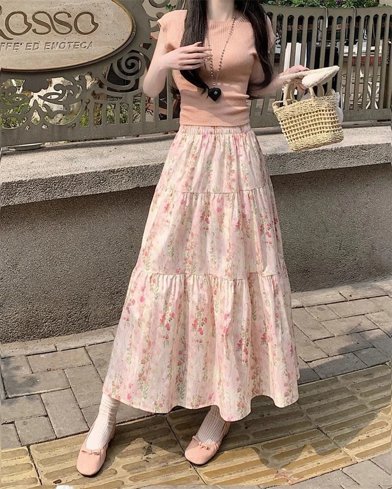 Zoki Cute Floral Long Skirts Women Elegant High Waist Retro Sweet Skirt Japan Casual Loose All Match Spring Summer Kawaii Skirt