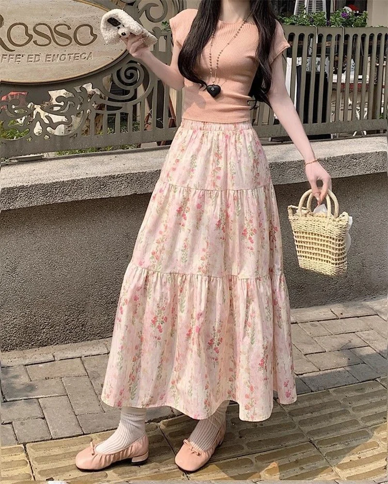 Zoki Cute Floral Long Skirts Women Elegant High Waist Retro Sweet Skirt Japan Casual Loose All Match Spring Summer Kawaii Skirt