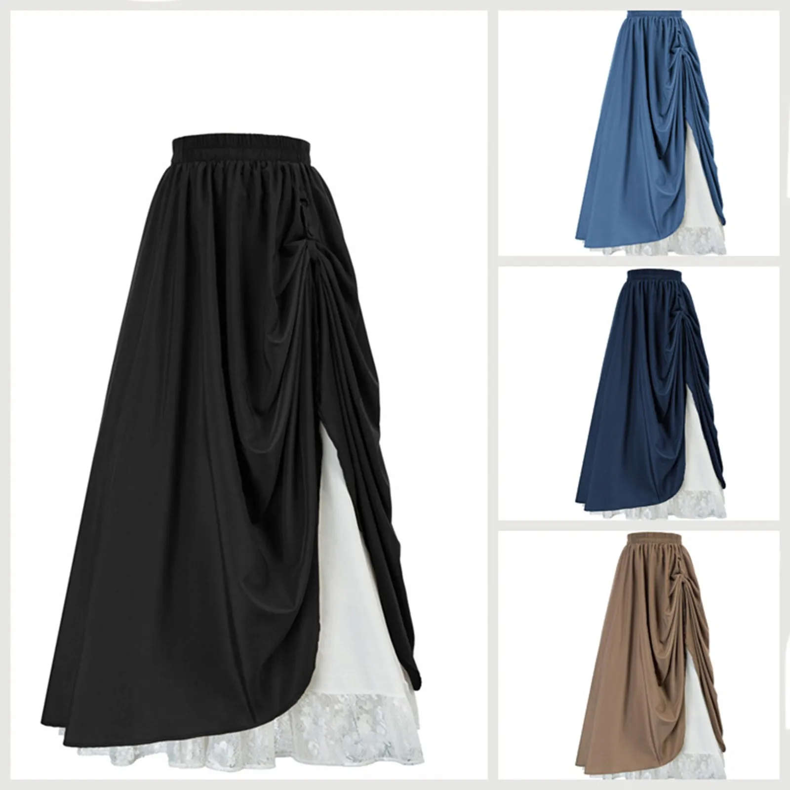 Brown Ruffled High Waisted Long Victorian Skirt Steampunk Lace Skirts Women Vintage Medieval Cosplay Costumes Party Gothic Skirt