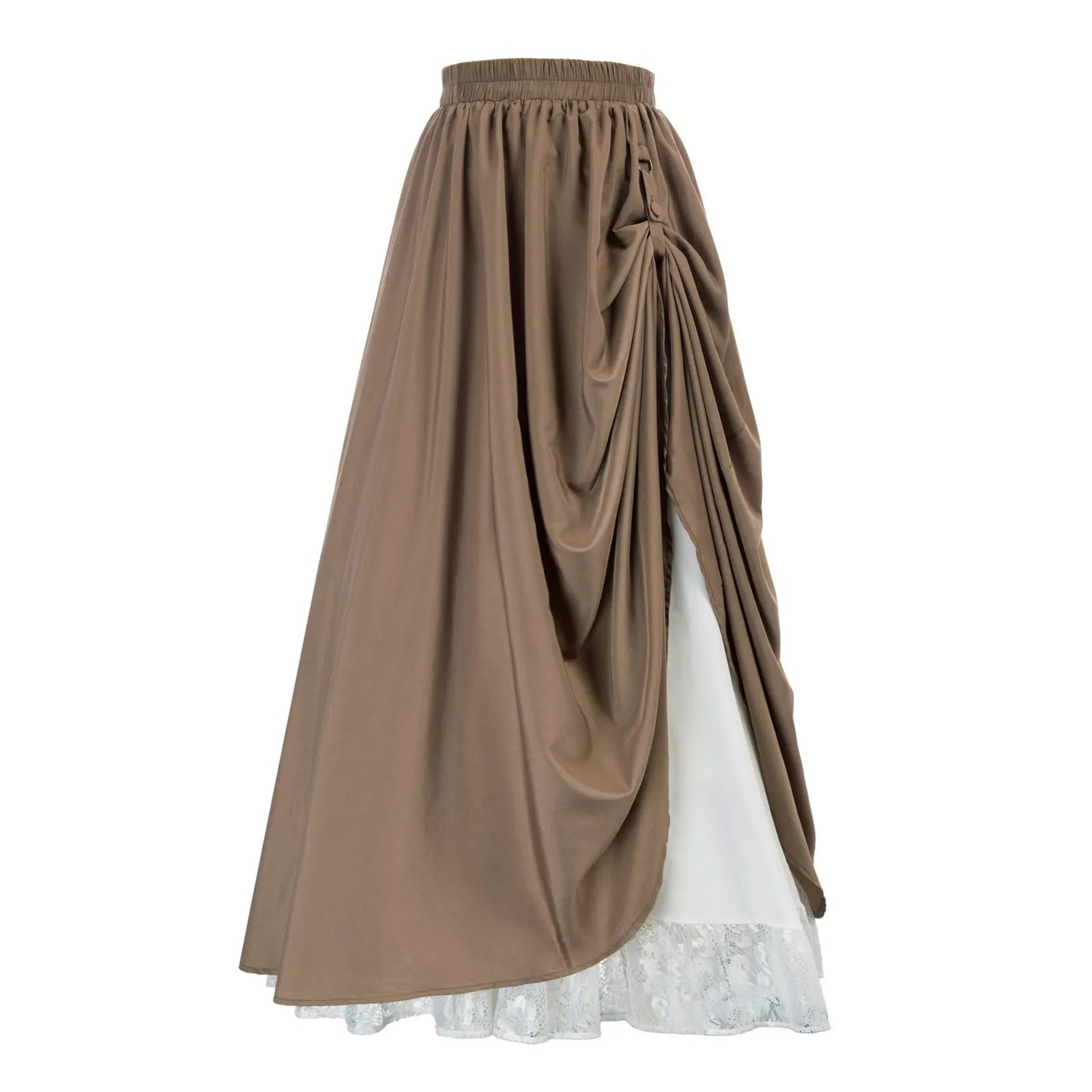 Brown Ruffled High Waisted Long Victorian Skirt Steampunk Lace Skirts Women Vintage Medieval Cosplay Costumes Party Gothic Skirt