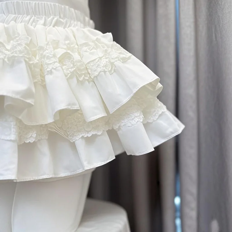 Lolita Sweet White Cake Skirt Women High Waist Sweet Lace Patchwork Slim Mini Skirts Japan Kawaii Spring Summer Ball Gown Skirt