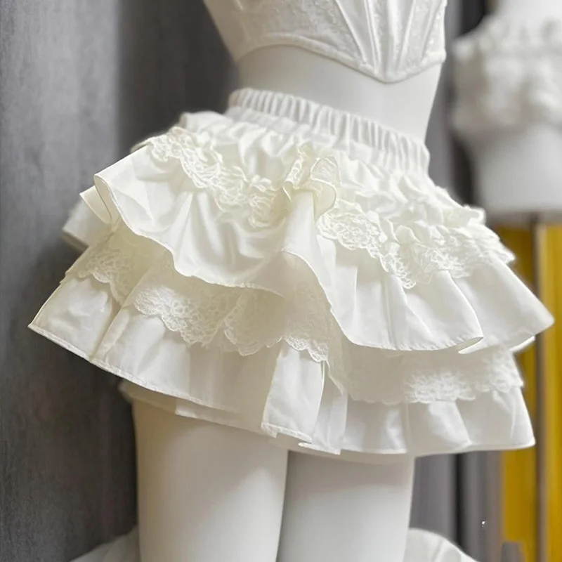 Lolita Sweet White Cake Skirt Women High Waist Sweet Lace Patchwork Slim Mini Skirts Japan Kawaii Spring Summer Ball Gown Skirt