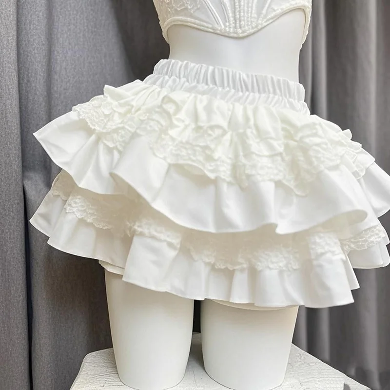 Lolita Sweet White Cake Skirt Women High Waist Sweet Lace Patchwork Slim Mini Skirts Japan Kawaii Spring Summer Ball Gown Skirt