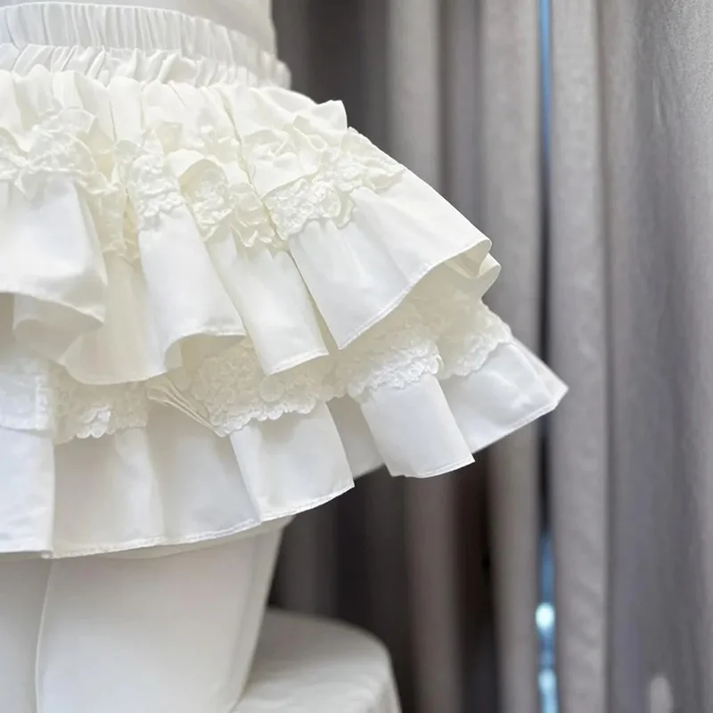 Lolita Sweet White Cake Skirt Women High Waist Sweet Lace Patchwork Slim Mini Skirts Japan Kawaii Spring Summer Ball Gown Skirt